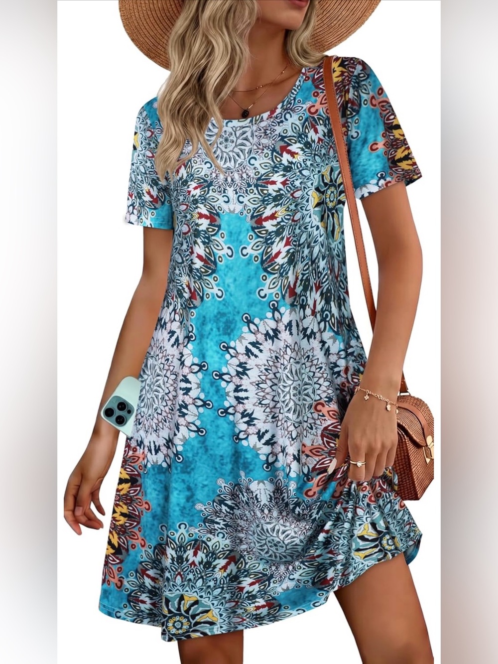 NWOT Boho Summer Beach Turquoise Medallion Short Sleeve Mini Dress, Large